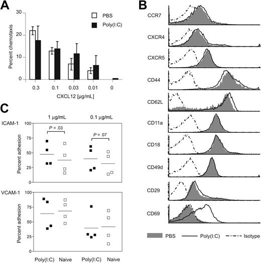 Figure 6. Treatment with poly(I:C) does not affect chemotaxis but increases adhesion to ICAM-1 in vitro. (A) B cells from poly(I:C)– or PBS-treated mice were allowed to migrate toward a gradient of CXCL12 for 3 hours.55 Migrated cells were counted by FACS. Results are expressed as mean ± SD for triplicates per CXCL12 concentration and are representative of 5 experiments. (B) Splenocytes of poly(I:C) or PBS-treated mice were subjected to FACS analysis for the expression of CCR7, CXCR4, CXCR5, CD44, CD62L, CD11a/CD18, CD49d/CD29, and CD69. Histograms are gated on B cells (chemokine receptors) or total lymphocytes (adhesion molecules). Representative data of at least 3 similar experiments are shown. (C) CD43– sorted B cells from naive or poly(I:C)–treated mice were adhered for 30 minutes to plates coated with the indicated concentrations of ICAM-1-Fc or VCAM-1-Fc. Results show mean values of 4 independent experiments (n = 3 each). P values were determined by paired t tests. Horizontal bars represent overall means.