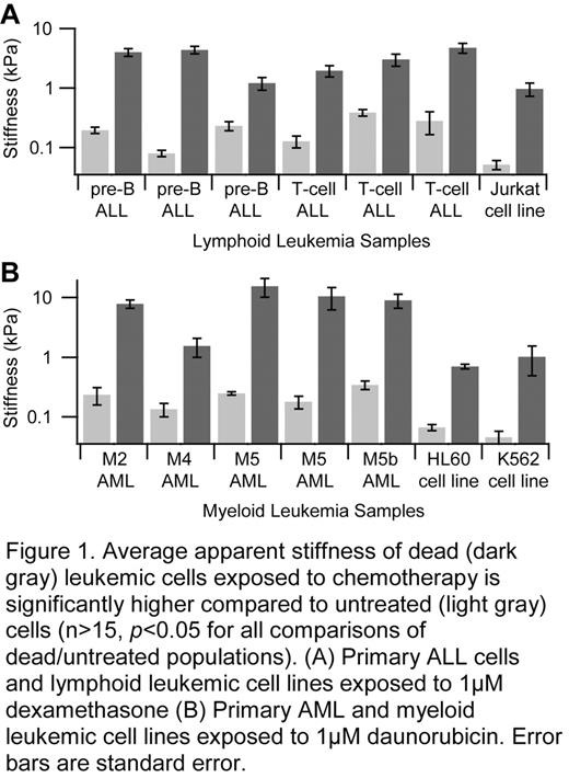 Figure 1. Average apparent stiffness of dead (dark gray) leukemic cells exposed to chemotherapy is significantly higher compared to untreated (light gray) cells (n > 15, p < 0.05 for all comparisons of dead/untreated populations). (A) Primary ALL cells and lymphoid leukemic cell lines exposed to 1 μM dexamethasone (B) Primary AML and myeloid leukemic cell lines exposed to 1μM daunorubicin. Error bars are standard error.