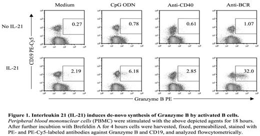 Figure 1. Interleukin 21 (IL-21) induces de-novo synthesis of Granzyme B by activated B cells. Peripheral blood mononuclear cells (PBMC) were stimulated with the above depicted agents for 18 hours. After further incubtion with Brefeldin A for 4 hours cells were harvested, fixed, permeabilized, stained with PE- and PE-Cy5-labeled antibodies against Granzyme B and CD19, and analyzed flowcytometrically.