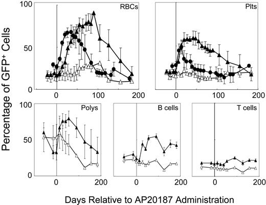 Figure 5. Receptor-modulated in vivo selection. Percentages of GFP+ red cells, platelets (plts), granulocytes (polys), B cells, and T cells in 5 mice that were given transplants of F36VFGFR1-transduced marrow cells (▴) and GFP+ red cells and platelets in 4 mice that were given transplants of F36VMpl-transduced marrow cells (•) prior to and following a 14-day course of AP20187. Vertical line depicts the start of CID treatment; ▵ depicts mean values of 4 control mice that were given transplants of F36VFGFR1-transduced marrow cells but not treated with CID. Error bars depict SEM.