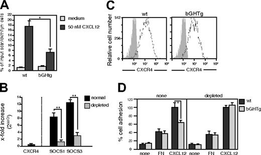 Figure 4. bGHTg Sca-1+c-Kit+Lin– cells show altered CXCL12 function. (A) Sca-1+c-Kit+Lin– cells from bGHTg and wt mice were allowed to migrate toward a CXCL12 gradient. The migration index was calculated as a percentage of input cells. Data represent the mean ± SD of quadruplicate determinations; *P ≤ .05. (B) Quantitative RT-PCR analysis of CXCR4, SOCS1, and SOCS3 mRNA from Sca-1+c-Kit+Lin– cells isolated from bGHTg or wt mouse BM. Results are expressed as x-fold increase (“RT-PCR analysis”). The mean ± SD is shown for 6 independent experiments; **P ≤ .01. (C) Flow cytometry measurement of CXCR4 levels in Sca-1+c-Kit+Lin– cells isolated from bGHTg or wt mouse BM. Histograms show representative experiments (n = 4). (D) Static adhesion of Sca-1+c-Kit+Lin– cells from bGHTg and wt mice, undepleted or GH-depleted in vitro, on FN alone or with CXCL12. Results are expressed as a percentage of maximum adhered cells. Data represent the mean ± SD of quadruplicate determinations; *P ≤ .05.