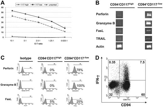 Figure 3. Functional differences between CD94–CD117high and CD94+CD117low/– NK cells. (A) CD56+CD94–CD117high and CD56+CD94+CD117low/– populations were FACS sorted at days 21 to 28 of culture, rested for 24 hours, and then used in a 51Cr release assay with K562 cells as targets. Error bars depict standard deviation. Results are representative of 3 or more experiments. (B) Expression of cytotoxic molecules by RT-PCR in developing NK cells. mRNA was isolated from the FACS-sorted cell populations and was used for RT-PCR with primers specific for perforin, granzyme B, Fas ligand, TRAIL, and actin. Results were representative of 3 or more experiments. (C) Differential expression of perforin, granzyme B, and FasL in CD56+CD94–CD117high and CD56+CD94+CD117low/– cell populations. At days 21 to 28, cultures were analyzed for the expression of perforin and granzyme B using intercellular staining. FasL was assayed using surface staining. High levels of perforin, granzyme B, and FasL could be detected in the CD56+CD94–CD117low/– population, whereas these proteins were either absent or present at minimal amounts in the CD56+CD94–CD117high population. Results were representative of 3 or more experiments. (D) Interferon-γ secretion. HPC-derived NK cells were challenged with IL-12 (10 μg/mL) and IL-18 (100 μg/mL) for 18 hours, and cultures were assayed for intracellular interferon-γ. In the gated CD56+ population, intracellular interferon-γ was detected only in CD94+ cells representing the CD56+CD94+CD117low/– population. Results were representative of 3 or more experiments.