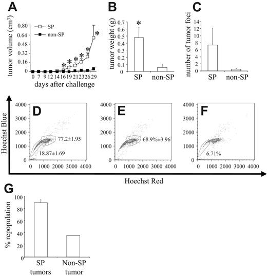 Figure 5. 4T1 SP cells are more tumorigenic than 4T1 non-SP cells. 4T1 cells stained with Hoechst 33342 dye were sorted into PI–/live, SP, and non-SP groups, and 8 × 103 cells from each group were injected orthotopically into the mammary fat pad of syngeneic BALB/c mice (n = 8). (A) Tumor volume was measured after tumor cell challenge, and (B) primary tumors were harvested and weighed 29 days after tumor cell challenge. (C) The lungs of each mouse were also harvested, and the number of tumor foci was quantified. The data represent the mean and SEM of tumor volume, tumor weight, and number of tumor foci, respectively. Data represent 1 of 2 experiments. Single-cell suspensions were created from (D) 3 PI–/live-derived tumors, (E) 3 SP-derived tumors, and (F) 1 non-SP–derived tumor, stained with Hoechst 33342 dye and analyzed by FACS to determine the repopulation potential of each group in vivo. (G) Percentage of repopulation of the non-SP compartment in SP-derived tumors and the percentage of repopulation of the SP compartment in non-SP–derived tumors. Data represent the mean and SEM of the percentage of repopulation. *P < .05.