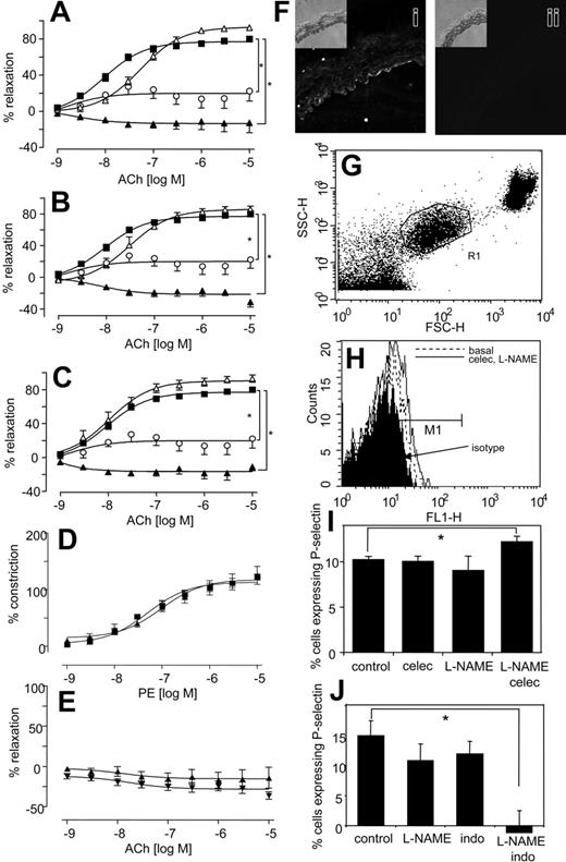 Figure 2. NSAIDs enhance the inhibitory effect of L-NAME on aortic ring relaxation to acetylcholine, and platelet P-selectin expression is significantly elevated in mice given both L-NAME and celecoxib but decreased following L-NAME and indomethacin. (A) Effect of celecoxib on L-NAME inhibition of relaxation. Aortic ring relaxation responses to acetylcholine were determined. Control (▪), L-NAME (300 μM; ○), celecoxib (10 μM; ▵), or L-NAME (300 μM) and celecoxib (10 μM; ▴). (B) Effect of indomethacin on L-NAME inhibition of relaxation. Aortic ring relaxation responses to acetylcholine were determined. Control (▪), L-NAME (300 μM; ○), indomethacin (10 μM; ▵), or L-NAME (300 μM) and indomethacin (10 μM; ▴). (C) Effect of aspirin on L-NAME inhibition of relaxation. Aortic ring relaxation responses to acetylcholine were determined. Control (▪), L-NAME (300 μM; ○), aspirin (10 μM;▵), or L-NAME (300 μM) and aspirin (10 μM;▴). *P < .05 compared with wild-type group, using 2-wayANOVAto isolate differences between groups. For all experiments, n = 5-9 per group, mean ± SEM. (D) Effect of celecoxib on constriction of endothelium-denuded rings. Aortic ring constriction responses to phenylephrine were determined (n = 5-9 per group). WT denuded (▪), WT denuded + celecoxib (10 μM; ▴). (E) Effect of celecoxib on relaxation of endothelium-denuded rings. Aortic ring relaxation responses to acetylcholine were determined (n = 5-9 per group). WT denuded (▴), WT denuded + celecoxib (10 μM; ▾). (F) Immunohistochemistry of COX-2 in aortic rings. Rings were stained using anti–COX-2 (i) or isotype control IgG (ii). Inset shows corresponding transmission images. (G) Identification of platelets in murine whole blood. Mice were administered L-NAME, indomethacin, or both or celecoxib for 3 days. Platelets were gated in mouse whole blood by FACS analysis using anti–mouse αIIβ-FITC (shown as R1). (H) Representative data showing P-selectin expression following 3 days' administration with celecoxib and L-NAME. Platelets identified by αIIβ expression as in panel G were analyzed for P-selectin expression using anti–mouse P-selectin–FITC, or isotype rat anti–IgG-FITC. (I) Platelet P-selectin expression is significantly increased on day 3 following coadministration of celecoxib and L-NAME. Percentage of P-selectin–expressing cells were defined as those in M1, shown on Panel B with subtraction of percentage of isotype values from all samples. (J) Platelet P-selectin expression is significantly decreased on day 3 following coadministration of indomethacin and L-NAME. Percentage of P-selectin–expressing cells were defined as those in M1, shown on Panel B with subtraction of percentage of isotype values from all samples (for both panels, n = 5, mean ± SEM, *P < .05 compared with control using Student 2-tailed t test).