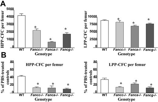 Figure 3. Evaluation of IFN-γ on primitive and mature myeloid progenitor numbers isolated from the BM of Fanca–/–, Fancg–/–, and Fancc–/– mice. (A) Evaluation of myeloid progenitors from WT, Fancc–/– , Fanca–/–, and Fancg–/– bone marrow. Hematopoietic cells derived from the bone marrow LDMNCs from mice of each respective genotype were cultured in triplicate to evaluate growth of high proliferating potential colony-forming cells (HPP-CFCs) and low proliferating potential colony-forming cells (LPP-CFCs). Data represent the mean ± standard error of the mean (SEM) of 3 independent experiments. (B) Bone marrow cells from WT, Fancc–/–, Fanca–/–, and Fancg–/– mice previously treated with a 7-day course of 400 μg/kg per day IFN-γ or vehicle control were cultured at 2 × 104 BM LDMNCs/mL to determine the reduction in the respective populations of progenitors. Data represent the mean ± standard error of the mean (SEM) of 3 independent experiments.