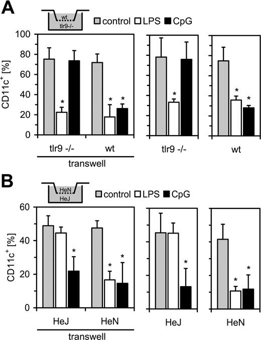 Figure 3. TLR stimulation directly inhibits DC development. (A) Bone marrow cells from either TLR9–/– or wt (C57BL/6) mice were differentiated with GM-CSF in the absence or presence of LPS or CpG-ODN. Cells from the different mice were either combined in a transwell format (left) or incubated alone (right). Cells were analyzed at day 9 for CD11c expression by FACS. (B) Experiments were done as above with C3H/HeJ (LPS-unresponsive) and C3H/HeN (control) mice (mean + SD; n = 4, *P < .05 against the respective control stimulation).