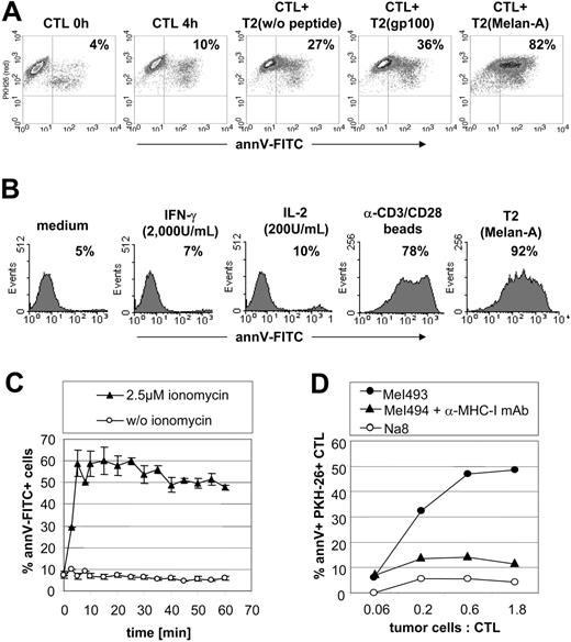 Figure 1. Human CD8+ Melan-A–specific T cells expose elevated amounts of PS after Ag recognition. Flow cytometric analysis of annV-FITC binding on the cell surface of Melan-A–specific CTLs. (A) CTLs were labeled with membrane dye PKH-26 and stimulated for 4 hours either with unloaded, Melan-A–loaded, or gp100-loaded T2 cells at a T2/CTL ratio of 1:2.5 and stained with annV-FITC. Unstimulated CTLs (0 and 4 hours) served as a control. Shown is one representative flow cytometric analysis of 5. (B) Melan-A–specific CTLs were activated with different types of stimuli for 4 hours to induce PS exposure: T2 cells loaded with 5μg/mL Melan-A peptide, 200 U/mL IL-2, 2000 U/mL IFN-γ, anti-CD3/CD28–coated beads, or complete medium as a control. Cells were stained with annV-FITC and dead/apoptotic cells were excluded via PI staining. One representative experiment of 5 is shown. Numbers in panels A and B represent percentages of annV+/PKH26+ T cells. (C) Melan-A–specific CTLs were stimulated with 2.5 μM ionomycin (▴) or left unstimulated (○) at 37°C in medium containing 1.5 mM CaCl2 and annV-FITC. Flow cytometric analysis was performed at indicated time points. Mean values ± SEM from 4 independent experiments are shown. (D) CTLs were labeled with PKH26 and coincubated for 4 hours with HLA-A2+ Melan-A–expressing (MeI493) or Melan-A– (Na8) melanoma cell lines at different tumor cell/CTL ratios. Preincubation of MeI493 with an anti–MHC-I–blocking mAb (clone W6/32) was performed to demonstrate MHC class I-restricted Ag recognition. Results represent percent annV-FITC+ cells of total PKH-26+ CTLs. Data show one representative experiment of 2.