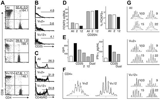 Figure 4. Phenotype, regulatory function, and TCR repertoire of Vα2+ and Vα12+ PBMCs. (A) CD4/CD8 ratio and expression of (B) CD25 and (C) CD45RO within the CD4+ subset. (D) Expression of FOXP3 mRNA and protein (TCR αβ+: ▦;Vα2+: □;Vα12+: ▪). (E) Suppression of T-cell proliferation and IFN-γ production by CD25hi cells expressing Vα2, Vα12, or both, with total CD25hi cells as a control (nonstimulated PBMCs: □; anti-CD3–stimulated PBMCs: ▪; anti-CD3–stimulated PBMCs cocultured at a ratio of 1:1 with the indicated CD25hi subsets: ▦). The cell numbers in the cultures were adjusted to the number of CD25hi Vα2+Vα12+ cells obtained (3000 to 4000). (F) TCR Vα2 and Vα12 repertoire in CD4+ cells. (G) Part of the TCR β repertoire in isolated Vα2+ and Vα12+ cells. The results in panels D and E are the mean and, in other panels, a representative example of 2 to 4 independent experiments.
