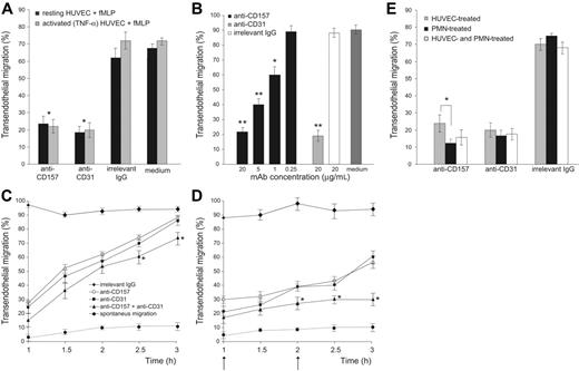Figure 2. CD157 is involved in neutrophil transendothelial migration. PMNs (106/mL) pretreated with purified murine IgG Fc fragments (150 μg/mL) to block Fc receptor were seeded on HUVEC monolayers grown on fibronectin-coated transwell filters. Migration is shown in the presence of a 10-nM fMLP transwell gradient. (A) Anti-CD157 mAb (20 μg/mL) significantly blocked transendothelial migration of PMNs. After 1 hour of incubation at 37°C, the transmigrated cells were counted. Results are expressed as the percentage of transmigrated cells. There was no significant difference in the ability of CD157 or CD31 ligation to block transmigration across resting(▪) or TNF-α activated (▦) HUVEC monolayers. *P < .001 anti-CD157 and anti-CD31 versus no antibody or irrelevant IgG. Data are the mean ± SD of 5 independent experiments. (B) Transmigration assays across TNF-α–activated HUVEC monolayers were run for 1 hour in the presence of decreasing concentrations of anti-CD157 mAb, 20 μg/mL anti-CD31 mAb (positive control), or anti-HLA class I mAb (negative control). Data are the mean ± SD of 3 independent experiments. **P < .001 anti-CD157 or anti-CD31 mAb (20 μg/mL) versus no mAb or irrelevant IgG (20 μg/mL). **P < .001 anti-CD157 mAb (5 μg/mL). *P < .05 anti-CD157 mAb (1 μg/mL). (C-D) Anti-CD157 mAb blocks transmigration reversibly. (C) PMNs and HUVECs were treated with 20 μg/mL of the mAb indicated (15 minutes at 20°C), then the mAb was washed away. Transmigration assays were run and the percentage of transmigrated cells was evaluated every 30 minutes for 3 hours. (D) Experiments were run as in panel C, with mAb refilled during the time course, as indicated (arrow). Data are the mean ± SD (n = 3) of a representative experiment; similar results were observed in 3 separate experiments. *P < .05 anti-CD157 mAb along with anti-CD31 mAb versus anti-CD157 or anti-CD31 alone. (E) PMNs and HUVECs use CD157 for transmigration. PMNs and HUVECs were incubated separately with 20 μg/mL anti-CD157 or anti-CD31 mAb, then unbound mAb was washed away. The percentage of transmigrated PMNs was evaluated after 1 hour. Data are the mean ± SD of 4 independent experiments. Ligation of CD157 expressed either by PMNs or by HUVECs strongly inhibits transmigration; however, ligation of CD157 on neutrophils is more efficient. *P < .05 versus ligation of CD157 on HUVECs. Reduction of transmigration using any methods of blocking of CD157 or CD31 was always significant at P < .001 versus irrelevant IgG.
