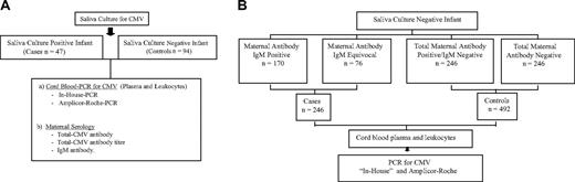 Figure 1. Schematic representation of case-control studies 1 and 2, respectively. (A) Case-control study 1: detection of CMV infection by saliva culture and confirmation by polymerase chain reaction (PCR). (B) Case-control study 2: detection of possible CMV infection by PCR in saliva culture–negative infants.