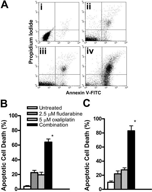 Figure 2. Cytotoxic interactions between oxaliplatin and fludarabine. (A) Apoptosis was compared in untreated CLL lymphocytes (i) or after incubation with 2.5 μM fludarabine (ii), 5 μM oxaliplatin (iii), or the combination (iv) for 24 hours. Apoptotic cell death was measured by Annexin V binding. Viable cells not undergoing apoptosis are Annexin V-FITC and PI negative; cells undergoing apoptosis are Annexin V-FITC positive and PI negative; cells already dead are Annexin V-FITC and PI positive. (B) Lymphocytes from healthy donors were incubated with 2.5 μM fludarabine, 5 μM oxaliplatin, or the combination for 24 hours. (C) Lymphocytes from patients with CLL were treated as in panel B. Values for Annexin V positivity are presented as the percentage of apoptotic cell death and expressed as the mean ± SE (n = 3). *P < .05 between the combination and the sum of fludarabine and oxaliplatin.