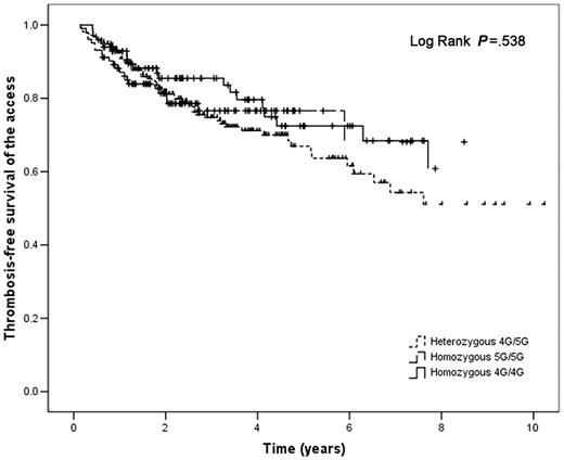 Figure 3. Thrombosis-free survival of the vascular access in hemodialysis patients according to PAI-1 genotypes. Solid line indicates homozygous 4G/4G PAI-1 polymorphism; dashed line, homozygous 5G/5G PAI-1 polymorphism; dotted line, heterozygous 4G/5G PAI-1 polymorphism.