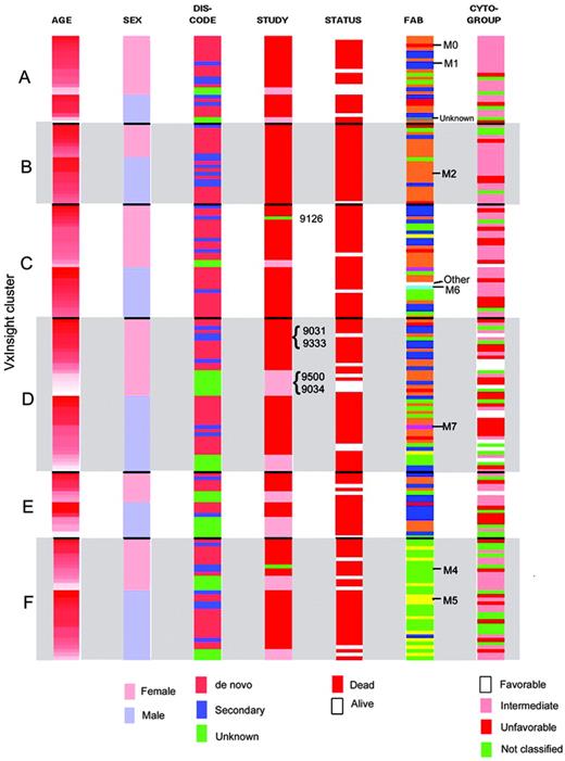 Figure 4. Clinical characteristics of 170 AML patients separated by VxInsight cluster membership. Each horizontal row represents an individual AML patient, and each column is the clinical variable for that individual. Age is presented as a continuum with the lightest color (white) representing the youngest patients and the darkest color (dark red) representing the oldest patients. Discode relates to AML onset; it is color coded and categorized similar to the remaining clinical variables, as described below the associated columns. Distribution of FAB classification varied significantly among clusters (P < .001).