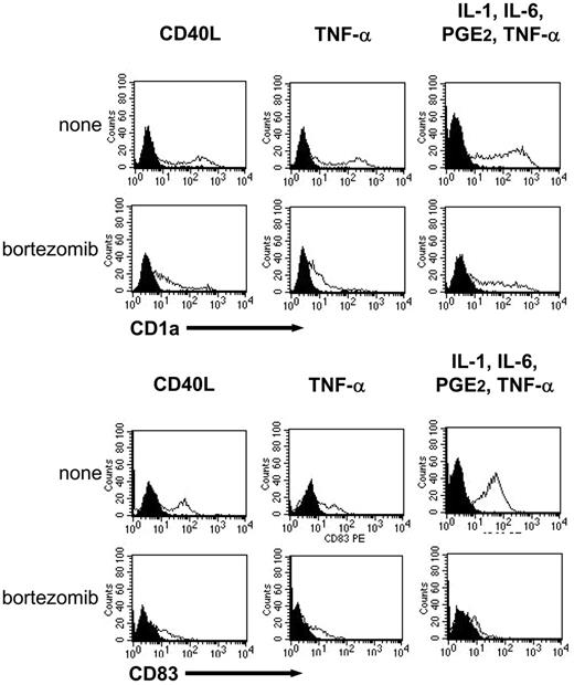 Figure 2. Bortezomib impairs DC response to endogenous inflammatory stimuli. DCs generated by culturing adherent monocytes in the presence of GM-CSF and IL-4 for 6 days were harvested and incubated for 24 hours with or without 1 ng/mL bortezomib. CD40L (100 ng/mL), TNF-α (20 ng/mL), or the combination of IL-1 (2 ng/mL), IL-6 (100 ng/mL), PGE2 (1 μg/mL), and TNF-α (20 ng/mL) was added to the culture medium during the last 16 hours. Cells were subsequently harvested, washed, stained, and analyzed by flow cytometry.