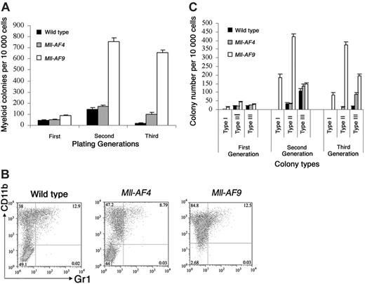 Figure 5. Bone marrow cultures under myeloid growth conditions. (A) Myeloid colonies from young mice. Cells from wild-type (n = 6), Mll-AF4 (n = 7), and Mll-AF9 (n = 12) mice were plated in methylcellulose medium under myeloid conditions for 3 generations. (B) Multiparameter FACS analysis on pooled cells from the methylcellulose culture of third-generation cells grown under myeloid conditions. (C) Colony distribution of murine bone marrow cultures under myeloid growth conditions. The frequency of myeloid type I, II, and III colonies was determined from young wild-type, Mll-AF4, and Mll-AF9 mice for 3 generations. The error bars represent SEMs.