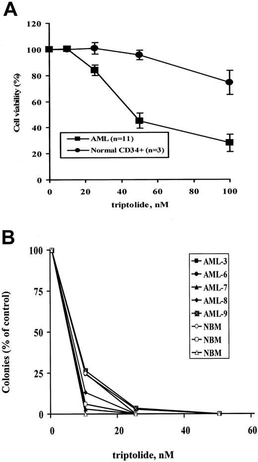 Figure 2. Triptolide induced significant cell death in AML samples. (A) Comparison of triptolide-induced cell death in AML samples with that in normal bone marrow samples. Cells from 11 AML blasts and 3 normal bone marrow samples at a density of 1 × 106/mL were treated with various concentrations of triptolide. Cell death was determined by annexin V staining with PI after 24 hours of treatment. Normal bone marrows were stained with CD34-APC after triptolide treatment, and PS/annexin V was determined in the CD34+ population. (B) Results of colony-formation assays in blasts from 5 AML samples and cells from 3 normal bone marrow samples treated with the indicated concentrations of triptolide.