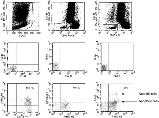 Figure 1. Representative CEC enumeration by flow cytometry. Panels in the top row show the gate used to exclude platelets, dead cells, and debris, and the gate made to depict CD45-negative (ie, nonhematopoietic) cells. Panels in the middle row show the negative controls. Panels in the bottom row show the gate used to count CECs (left panel: CECs defined as CD45–, CD31+, P1H12+, and CD133–), the gate used to count CEPs (middle panel: CEPs defined as CD45– and CD133+), and the gate used to investigate CEC viability by 7AAD (right panel indicates how 7AAD used as in Philpott et al12 discriminates between apoptotic and necrotic cells). Antibodies used were FITC-labeled anti-CD31, PE-labeled P1H12 (CD146),4,12 and APC-labeled anti-CD133.