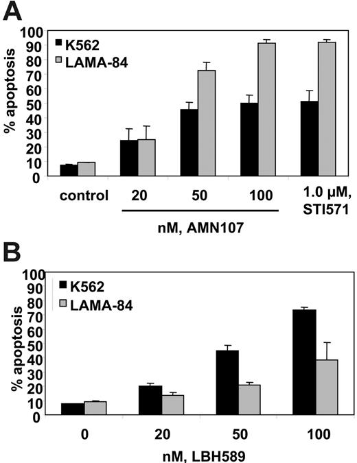 Figure 1. AMN107 and LBH589 induce apoptosis of K562 and LAMA-84 cells. Cells were treated with the indicated concentrations of AMN107 or IM (A) or LBH589 (B) for 48 hours. Following this, the percentage of annexin V–stained apoptotic cells was determined by flow cytometry. Values represented as bar graphs are mean of 3 experiments ± SEM.