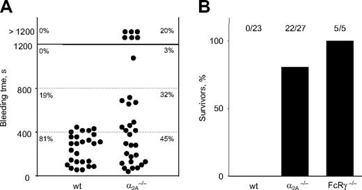 Figure 3. Highly variable bleeding times and protection from collagen/epinephrine–induced thromboembolism in α2A–/– mice. (A) Mice were anesthetized, and a 3-mm segment of the tail tip was cut off with a scalpel. Tail bleeding times of wild-type (n = 26) and α2A–/– (n = 31) mice were monitored by gentle absorption of a drop of blood. When no blood was observed on the paper after a 15-second interval, bleeding was determined to have ceased. The experiment was stopped after 20 minutes. Each symbol represents one mouse, and horizontal lines indicate quartiles of bleeding time. (B) Thromboembolic death was observed after the injection of collagen (0.8 mg/kg) and epinephrine (60 μg/kg). All wild-type mice (23 of 23) died, whereas 81.5% (22 of 27) of α2A–/– mice and all mice injected with FcRγ-chain–/– (5 of 5) survived.