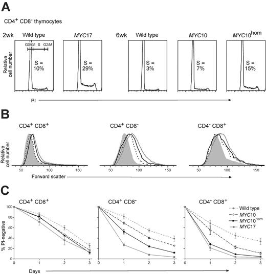 Figure 4. VavP-MYC transgene expression has multiple effects on thymocytes. (A) Proliferation is increased. Sorted thymocyte subpopulations from healthy young mice were permeabilized, stained for DNA content with propidium iodide (PI), and analyzed by flow cytometry. Representative cell-cycle profiles for CD4+ CD8– T cells show an increased proportion of cells in S phase in VavP-MYC transgenic mice, and the cell-cycle distributions of all the thymocyte subpopulations analyzed is shown in Table 4. (B) Cell size is increased. Forward light-scatter analysis of gated thymocyte subpopulations from healthy young mice (2-week-old MYC17 and 6-week-old MYC10, MYC10hom, and wild-type mice). Representative examples from 3 mice or more examined are shown; wild-type thymocyte size was comparable at 2 and 6 weeks. Gray filled indicates wild-type; black dashed line, MYC10; black solid line, MYC10hom; and gray solid line, MYC17. (C) Sensitivity to spontaneous apoptosis is increased. Thymocytes from healthy young mice (2- and 6-week-old wild-type, 2-week-old MYC17, and 6-week-old MYC10 and MYC10hom mice) were cultured in vitro in simple medium. The percentage of gated thymocyte subpopulations remaining viable (not stained with propidium iodide) after 1 to 3 days was determined by flow cytometry (assays were performed on 2 or more independent cultures from each of 2 or more mice of each genotype; mean percentages ± SEM are for replicate mice).