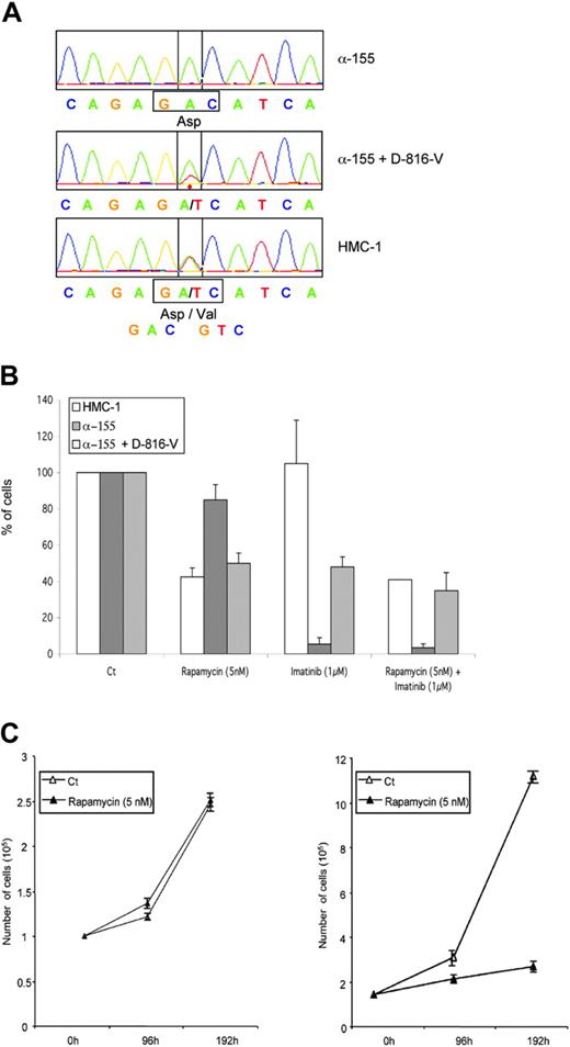 Figure 3. Rapamycin inhibits proliferation only of cells driven by the D816V c-kit mutation. (A) Evaluation of the ratio of GAC (Wt) to GTC (D816V) c-kit mutation in α-155, D816V-transfected α-155, and HMC-1 by direct sequencing of c-kit exon 17. (B) Rapamycin and imatinib sensitivities of cells containing different mutated c-kit, including HMC-1 (D816V; □), α-155 (V560G; dark gray columns), and D816V-transfected α-155 (▦), were assessed after 48 hours of culture. Histograms represent the percentage of cell proliferation. Data are means ± SD of 3 separate experiments each plated in triplicate. (C) Rapamycin sensitivity on cell proliferation of normal bone marrow–derived mast cells (BMMCs; left panel) and transgenic mice for human D816V-mutated c-kit (right panel) cultured in the presence of rapamycin (5 nM) for 96 to 192 hours. Data represent 1 of 3 separate experiments plated in triplicate.