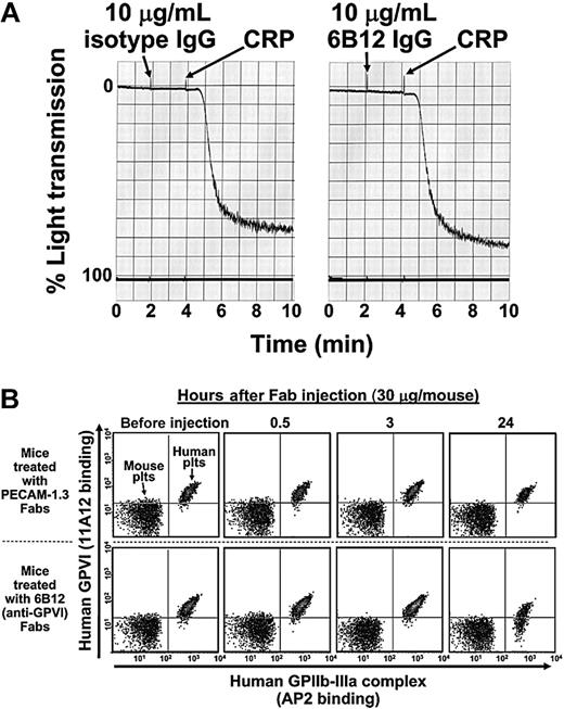 Figure 2. Activation-independent antibody-induced depletion of GPVI from human platelets circulating in NOD/SCID mice. (A) Washed human platelets resuspended in Tyrode-HEPES buffer at 3.0 × 108 platelets/mL were incubated for 2 minutes in the presence of 10 μg/mL isotype control mAb (left) or the mAb 6B12 (right). Note that 6B12 IgG neither induces nor blocks platelet aggregation. Platelets were fully reactive, as shown by later addition of CRP. (B) Concentrated human PRP (200 μL) containing 2 × 109 platelets/mL was injected into the retro-orbital plexus of a NOD/SCID mouse, followed by an intraperitoneal injection of 30 μg indicated Fab. Platelets in whole blood drawn from the tail vein at 0, 0.5, 3, and 24 hours after injection were assessed for surface expression of human GPIIb-IIIa and GPVI. Note that GPVI surface expression is not noticeably affected on platelets from mice treated with anti–PECAM-1 Fabs (top 4 panels) but decreases significantly in mice treated with the GPVI-specific Fab, 6B12.