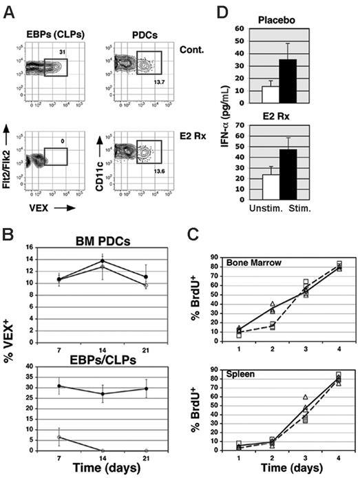 Figure 7. β-Estradiol treatment does not diminish VEX+PDCs, impair PDC function, or perturb their developmental kinetics. (A) Following 14 days of treatment, placebo and β-estradiol (E2 Rx) treated 10-week-old H2-VEX mice were analyzed for the presence of VEX+cells within the CLP and PDC fractions of the BM. The mean percentage of VEX+cells within either progenitor population is shown in panel B (○ indicates E2 Rx mice; •, placebo controls). (C) Placebo and β-estradiol (E2 Rx)–treated 10-week-old C57BL/6 mice were inoculated with BrdU at 12-hour intervals for 1 to 4 days as described in “Materials and methods” beginning 14 days after transplantation with placebo or β-estradiol pellets. On days 1 to 4 cohorts of 3 mice per group were examined for BrdU incorporation in BM (CD19–Ly6C+CD11c+B220+) and splenic (CD19–CD3ϵ–CD11c+CD11c+Ly6C+B220+) PDCs. ▵ indicates E2 Rx mice; □, placebo controls. (D) ELISA analysis of IFN-α production following stimulation was performed on PDCs isolated from placebo and β-estradiol–treated mice demonstrate no loss of functional activity following estrogen administration. Data from triplicate cultures were used to calculate the mean and SEM for each condition.