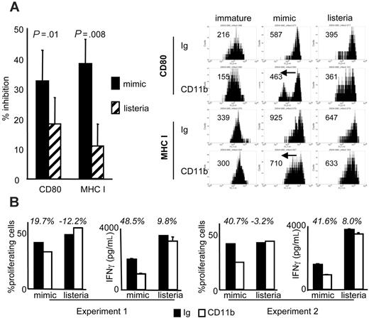Figure 6. Infection with L monocytogenes overturns the inhibitory impact of CR3. DCs preexposed to CD11b- or control Ig-ApoS for 2 hours were incubated in the presence of L monocytogenes, MCM-mimic, or media alone for the remaining 40-hour culture. (A) Maturation of DCs (CD80, MHC I) was assessed by flow cytometry. Listeria-infected DCs were compared with those exposed to MCM-mimic. Inhibition was calculated as the percentage decrease in mean fluorescence in CD11b-ApoS–exposed DCs compared with control, Ig-ApoS–exposed DCs. The left panel shows the average of 6 experiments with P values (paired Student t test) and the right panel a representative experiment. (B) DCs preincubated with CD11b- or control Ig-ApoS were infected with Listeria or exposed to MCM-mimic. After 24 hours, DCs were washed and cocultured with naive allogeneic CD4+ T cells for 6 days. Proliferation of T cells was assessed by determining dilution of CFSE dye in T-cell membranes, and amount of secreted IFNγ was determined by ELISA assay. The percentages above each column denote the difference in value of control Ig-ApoS over CD11b-ApoS. Results from 2 experiments are shown. Error bars represent SD of duplicate test wells.