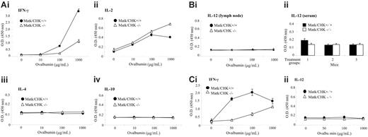 Figure 2. Deficiency in the Matk/CHK gene impairs the production of IFN-γ upon in vivo antigen challenge. (A) One week after immunization with TNP-Ova, lymph node cells were prepared from Matk/CHK+/+ and Matk/CHK–/– mice, and then challenged with varying concentrations of ovalbumin as indicated. Concentrations of the indicated cytokines (i-iv) were determined by ELISA assay in duplicate, as described in “Study design.” The means were derived from 3 animals in each group. The data (OD450 value at 100 μg/mL and 1000 μg/mL ovalbumin) are summarized in Table 1. Results are from at least 3 independent experiments. (B) IL-12 expression levels in the lymph nodes (i) and serum (ii) derived from Matk/CHK–/– mice and control mice, as determined by ELISA assay. The means were derived from 3 animals in each group. Results are from 3 independent experiments. (C) One week after immunization with TNP-Ova, spleen cells were prepared from Matk/CHK+/+ and Matk/CHK–/– mice, and then challenged with varying concentrations of ovalbumin as indicated. Concentrations of the indicated cytokines, IFN-γ (i) and IL-12 (ii), were determined by ELISA assay in triplicate as described in “Study design.” The means were derived from 3 animals in each group.