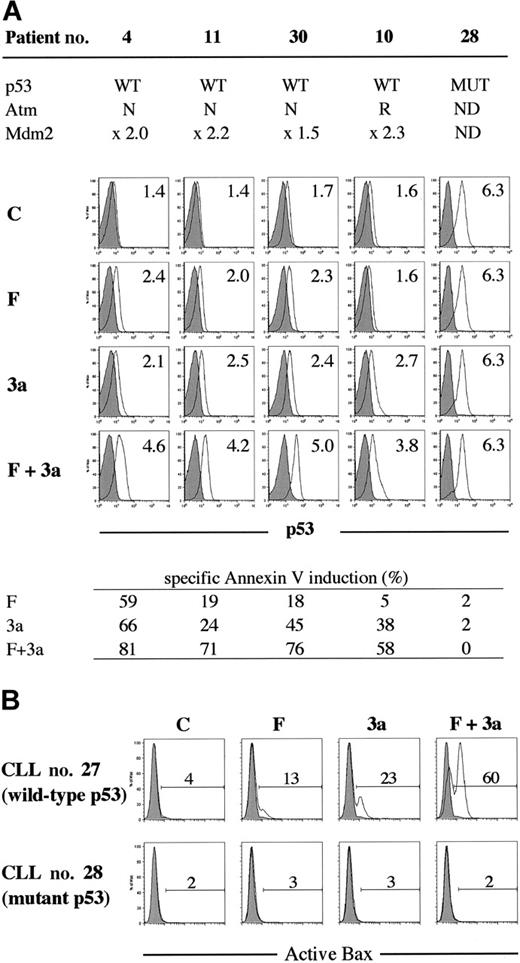 Figure 4. Synergistic induction of p53 signaling by F-ara-A and Nutlin-3a in CLL cells with wild-type p53. (A) Synergistic induction of p53 by F-ara-A and Nutlin-3a in CLL cells with wild-type p53. Samples from 4 wild-type p53 patients (nos. 4, 10, 11, and 30; no. 10 showed reduced Atm expression) and from a mutant p53 patient (no. 28) were treated for 24 hours with 5 μM F-ara-A (F) and 5 μM Nutlin-3a (3a) either as individual agents or in combination. DMSO-treated cells served as control (C). Shaded histograms represent isotype controls. Results show that F-ara-A and Nutlin-3a synergistically induce p53 in cases with wild-type p53, irrespective of Atm status. p53 expression levels were expressed as mean fluorescence intensity (MFI) ratio calculated by the following formula: MFI ratio = (MFI for anti-p53 antibody)/(MFI for isotypic control). WT indicates wild-type; MUT, mutant; N, normal; R, reduced; and ND, not done. (B) A synergistic activation of Bax by F-ara-A and Nutlin-3a in CLL cells with wild-type p53. Cells from patient no. 27 (wild-type p53) and from patient no. 28 (mutant p53) were treated for 24 hours with 5 μM F-ara-A (F) and 5 μM Nutlin-3a (3a) either as individual agents or in combination. Bax conformational change was determined by staining with the active conformation-specific anti-Bax antibody YTH-6A7 or a corresponding isotype control (shaded histogram). Z-VAD-FMK (200 μM) was used to inhibit caspase activation–mediated conformational change of Bax, and cells treated with Z-VAD-FMK alone served as control (C). Results show a synergistic activation of Bax by F-ara-A and Nutlin-3a in wild-type p53 but not in mutant p53 cells.