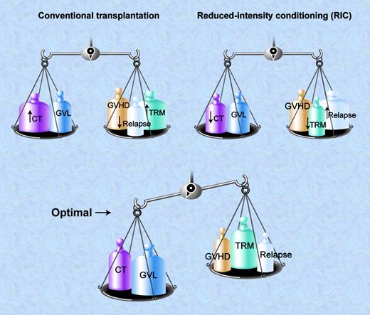Conventional allogeneic SCT balances high-dose conditioning therapy (CT) and GVL effects against GVHD, high TRM, but low relapse rates. RIC uses lower dose CT and relies heavily on GVL activity balanced against the potential for higher relapse rates and GVHD but lower direct TRM. The optimal balance occurs when the combination of CT and GVL outweighs the risk of relapse, GVHD and TRM. Illustration by A. Y. Chen.