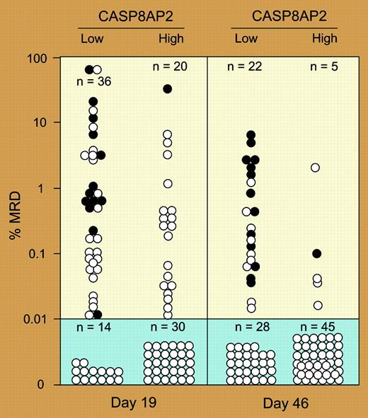 MRD at days 19 and 46 in patients with the highest and lowest levels of CASP8AP2. See the complete figure in the article beginning on page 1050.