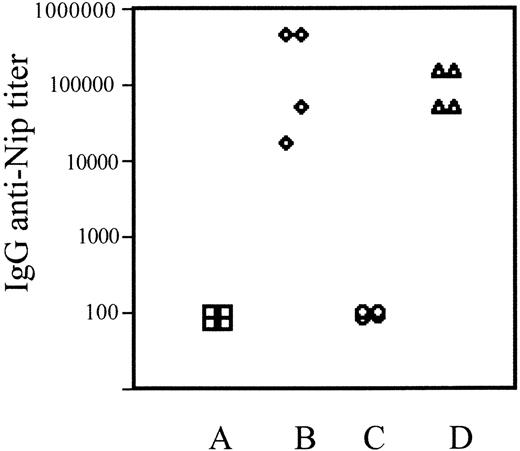 Figure 5. T cell–dependent antibody responses in EPLM-reconstituted mice. Shown are the IgG anti-Nip–specific antibody titers from 4 individual control C57Bl/6 (A-B) or EPLM-reconstituted C57Bl/6.RAG-2KO mice (C-D) before (A,C) or 14 days after (B,D) immunization with NIP-ovalbumin.