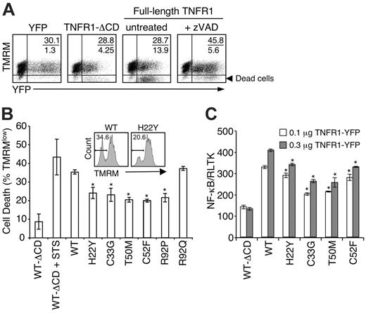 Figure 7. Mutant TNFR1 do not induce increased spontaneous signaling compared with wild-type TNFR1. (A-B) HT1080 cells were transfected with the indicated full-length TNFR1 or TNFR1-ΔCD or YFP expression vectors and allowed to incubate for 18 hours. Some cells were incubated with 50 μM zVAD-fmk to inhibit caspase activation or 0.1 μM staurosporine (STS) as a positive control for cell death. Cells were then stained with TMRM and analyzed by FACS. (A) Insets indicate percent YFP+TMRM+ (live) cells over YFP+TMRM– (dead) cells. (B) Percentage of cell death was determined by first gating on the YFPmed population and then the TMRM– cells (inset). Error bars indicate SD. (C) HT1080 cells were transfected with the indicated full-length TNFR1 or TNFR1-ΔCD expression constructs along with an NF-κB luciferase reporter and the renilla luciferase (RLTK) as a transfection efficiency control. Cells were also incubated with 50 μM zVAD-fmk to prevent spontaneous cell death. Twenty-four hours later, luciferase expression was examined and NF-κB induction was normalized by comparing it with the renilla luciferase intensity of each sample (±SD). Experiments shown were performed in duplicate, and data are representative of multiple experiments. *P < .05 between WT and mutant TNFR1 constructs by an unpaired Student t test.