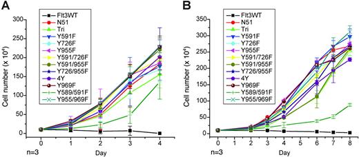 Figure 4. Growth rates of murine hematopoietic cells expressing FLT3-ITD Tyr→Phe mutants. Analysis of IL-3–independent growth in Ba/F3 (A) and 32D (B) cell lines stably transformed with each of the FLT3 mutants. Cells were washed twice in PBS, resuspended in RPMI and 10% FCS in the absence of IL-3, and seeded at a density of 1 × 105/mL. Viable cells were counted by trypan blue exclusion.