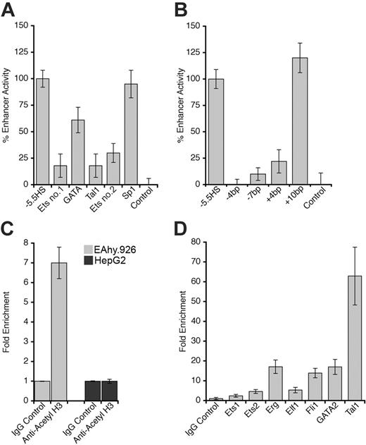 Figure 4. Characterization of –5.5HS enhancer function. (A-B) One hundred percent –5.5HS enhancer activity was defined as the difference in normalized reporter gene activity measured in EA.hy926 cells transfected with either a construct containing wild-type –5.5HS upstream of SV40P (–5.5HS) or the same construct without –5.5HS (control). Normalized enhancer activity of –5.5HS constructs in which (A) the Ets, GATA, or Tal1 binding sites in Figure 3 were disrupted or (B) the spacing between the GATAand Tal1 motifs was altered (by the number of bp indicated) are shown graphically. Data are presented ± SEM (n = 6). (C) Chromatin immunoprecipitation (ChIP) experiments were performed on EA.hy926 and HepG2 cells using primers that amplified the –5.5HSCR. The fold enrichments in immunoprecipitates obtained with anti–acetyl H3 and control IgG antibodies are shown ± SEM. (D) ChIP experiments were performed from the murine endothelial cell line, MS1, using anti-Ets1, Ets2, Elf1, Fli1, Erg, GATA2, and Tal1 antibodies, or control IgG antibodies. The primers used amplified the murine region homologous to the –5.5HSCR (located –8.3 kb from mEPCR). The fold enrichment in immunoprecipitates obtained with antitranscription factor antibodies relative to control IgG antibodies are shown ± SEM.