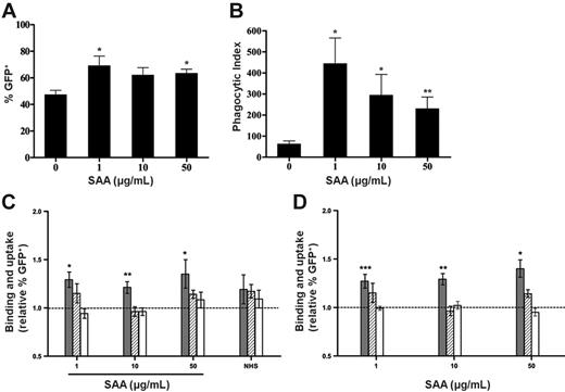 Figure 4. Monocyte-derived macrophages show increased phagocytosis of E coli-GFP in the presence of SAA. (A) E coli-GFP association and (B) phagocytosis were measured by confocal microscopy and counting of bacteria associated with or internalized by macrophages counterstained with LysoTracker and Phalloidin-BODIPY. Data represent (A) percentage of GFP+ macrophages associated to bacteria and (B) phagocytic index, which refers to the number of bacteria internalized per 100 macrophages. Data represent mean ± SEM of quadruplicates from 4 individual donors. Statistical significance of samples with bacteria + SAA versus bacteria alone was calculated by Wilcoxon matched pair test (*P < .05; **P < .01). (C-D) Binding and uptake or phagocytosis of E coli () or E coli in the presence of cytochalasin D (), or S pneumoniae (□) in the absence or presence of (C) purified SAA and (D) recombinant SAA (rSAA), was analyzed by FACS. Binding and uptake were expressed as the ratio of percentage of GFP+ macrophages in the presence of bacteria and SAA to that in the presence of bacteria alone. Increase in response to SAA was largely inhibited by the addition of cytochalasin D, implicating phagocytosis as the reason for increases in the presence of SAA. The dotted line represents unaltered bacterial association in the absence of SAA. Data represent mean ± SEM of 14 donors for E coli and 3 for S pneumoniae. Statistical significance of samples with bacteria + SAA versus bacteria alone was calculated from raw percentage of GFP+ cells by Wilcoxon matched pair test (*P < .05; **P < .01 ***P < .001).
