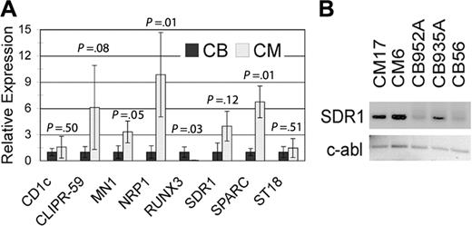 Figure 7. Cells expressing CM show altered expression of known inv(16)-associated transcripts. (A) qPCR analysis of samples from CD34 magnetically purified cells from CM and control nontransduced CB cultures. Error bars represent SD of 2 to 6 samples. (B) Gel electrophoresis of SDR1 and c-abl amplicons after 40 rounds of qPCR amplification. Samples are derived from CD34+ cells from 2 CM cultures (CM17 and CM6) and 3 different long-term control CB cultures (CB952A, CB935A, and CB56).