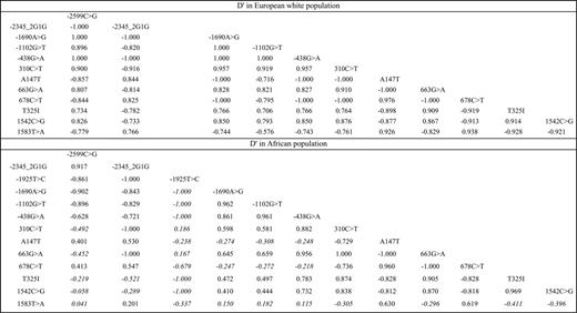 Figure 1. Pairwise linkage disequilibrium between CPB2 polymorphisms in D′ in the European white and African populations. All pairwise LDs were significantly different from 0, except those marked in italics.