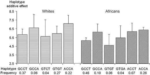 Figure 4. Association between plasma TAFI Ag levels and CPB2 haplotypes derived from the A147T (G/A), T325I (C/T), 1542C>G, and 1583T>A polymorphisms. Polymorphisms are ordered according to their position on the genomic sequence. Each bar and its 95% Ci bracket corresponds to the expected mean of TAFI Ag levels associated with one dose of haplotype under the assumption of additive haplotype effects.