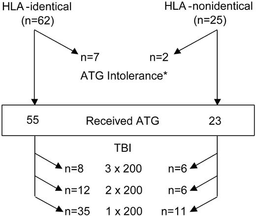Figure 1. Actual conditioning regimen given. Among the 87 patients who received a transplant, 78 (55 from HLA-identical and 23 from HLA-nonidentical donors) were conditioned with CY + ATG + TBI at the doses shown. *Nine patients (7 from HLA-identical and 2 from HLA-nonidentical donors) were unable to receive ATG and were conditioned with CY (120 mg/kg) and TBI (6 × 200 over 3 days) only.