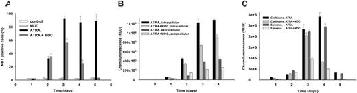 Figure 5. Inhibition of TG2 activity decreases superoxide production in differentiating NB4 cells. NB4 cells were treated with 1 μM ATRA or 1 μM ATRA plus 15 μM MDC for 5 days. (A) Ratio of NBT-positive cells following treatment with MDC. At the indicated days, cell smears were fixed and analyzed for nitroblue tetrazolium reduction (at least 300 cells were scored for each experimental condition). (B-C) Chemiluminescence reaction of stimulated cells. (B) In NB4 cells (106), extracellular and intracellular NADPH-oxidase activity was induced by 50 nM PMA and measured in the presence of isoluminol (0.5 mM) or luminol (0.5 mM), respectively. (C) NB4 cells (106) were stimulated by opsonized S aureus and C albicans. Extracellular and intracellular NADPH-oxidase response was determined in the presence of isoluminol (0.5 mM) or luminol (0.5 mM), respectively. In contrast to luminol-amplified chemiluminescence reactions, which measure reactive oxygen species (ROSs) both in the extracellular and the intracellular compartments, isoluminol clearly detects the intracellular oxidase activity only.28 Results are the mean ± SD of 3 experiments.