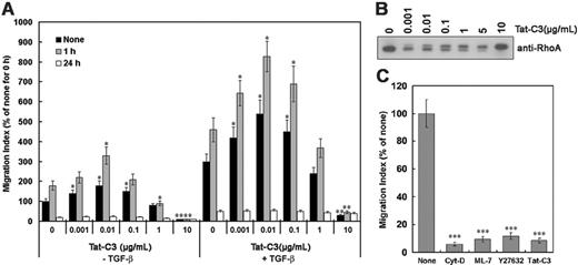 Figure 2. Effect of Tat-C3 on cell migration. (A) Tat-C3 was preincubated with Raw 264 cells for 30 minutes, and cell migration was assessed in transwell cell culture chambers in the presence or absence of TGF-β1 in the lower chamber. The results are means ± SE of 3 independent experiments, and each value was compared to the corresponding control (Tat-C3, 0 μg/mL) at the same time scale (0, 1, and 24 hours) (*P < .05 and **P < .01). (B) Raw 264 macrophage cells were incubated with TGF-β1 (0-10 μg/mL) for 1 hour, cell lysates (15 μg/mL of total protein) were run on SDS-PAGE, and Western blotting was performed using anti-RhoA antibody. The doublet band consists of unmodified RhoA (lower band) and RhoA modified by Tat-C3 (upper band). (C) Cells were incubated in the upper reservoir with or without a variety of reagents (1 μM cytochalasin-D, 50 μM ML-7, 50 μM Y27632, 10 μg/mL Tat-C3) for 1 hour. The lower chamber was then filled with 5 ng/mL TGF-β1, and migration measured as described in the legend to Figure 1. The values are means ± SE of 3 independent experiments. Each value was compared to the corresponding control at time 0 (***P < .001).