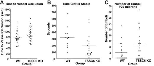 Figure 3. Absence of platelet TSSC6 results in secondary instability in platelet thrombi formed in vivo. (A) Thrombus formation in vivo was monitored on mesenteric arterioles after topical application in 7.5% FeCl3. Time to artery congestion and primary clot formation in seconds after injury. Each symbol represents 1 monitored arteriole for each wild-type versus TSSC6–/– mouse. Wild-type: 773.4 ± 40.2 seconds; TSSC6–/–: 885.7 ± 36.3 seconds. P < .05; n = 30. (B) Time of clot stability in seconds after injury and occlusion of vessel. Each symbol represents 1 monitored arteriole for each wild-type versus TSSC6–/– mouse. Wild type: 314.4 ± 47.9 seconds; TSSC6–/–: 186.7 ± 38.4 seconds. P < .05; n = 11. (C) Number of thrombi embolizing more than 20 μm in diameter formed during the 30- to 45-minute observation period. Each symbol represents 1 monitored arteriole for each wild-type versus TSSC6–/– mouse. Wild-type: 4.0 ± 1.3 emboli; TSSC6–/–: 9.0 ± 1.9 emboli. P < .05; n = 23.