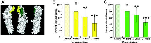 Figure 5. Erythroblastic island formation in the presence and absence of peptides blocking adhesion of ICAM-4 to αV integrins. Model of extracellular domain of ICAM-4 is shown revealing its solvent exposed surface in 3 orientations rotated 120° to each other. The region of ICAM-4 involved in adhesion to αV integrins is shown in yellow and green. Yellow designates area of FVW peptide sequence and green depicts location of ATSR peptide sequence (A). Histogram of percentage of islands formed in the presence of 0.5 to 1.0 mM FWV peptide (n = 11), 1.0 to 2.0 mM FWV peptide (n = 16), and 2.0 to 3.0 mM FWV peptide (n = 8) compared to islands formed in media alone. *P = .02, **P < .001, ***P < .001 when compared to islands formed in media alone (B). Histogram of percentage of islands formed in the presence of 0.5 to 1.0 mM ATSR peptide (n = 3), 1.0 to 2.0 mM ATSR peptide (n = 8), and 2.0 to 3.0 mM ATSR peptide (n = 4) compared to islands formed in media alone. *P = .1, **P = .004, ***P < .001 when compared to islands formed in media alone (C). Results are shown as mean ± SD.