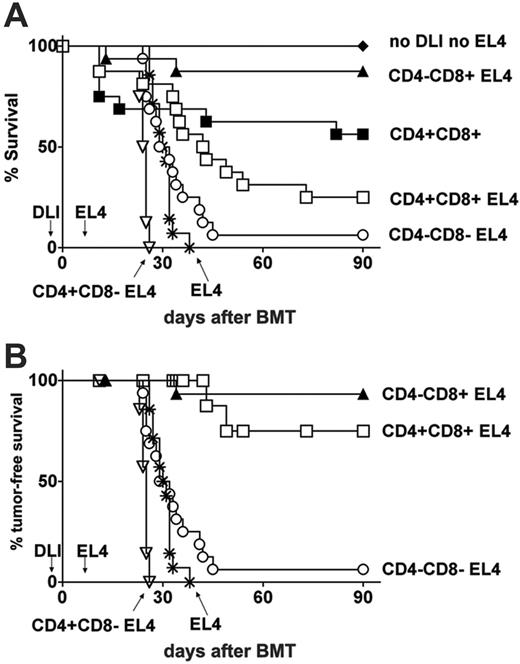 Figure 7. CD4+ T cells do not contribute to GVL effects of DLI in freshly irradiated BMT recipients. Lethally irradiated B6 mice were reconstituted with a mixture of TCD B10.A and B6 bone marrow together with nondepleted DLI (□, n = 8; inoculum contained a total of 5.3 × 105 CD4+ plus 2.1 × 105 CD8+ T cells), CD4–CD8+ DLI (▴, n = 8; inoculum contained 2.0 × 105 CD8+ T cells), CD4+CD8– DLI (▿, n = 7; inoculum contained 5.4 × 105 CD4+ T cells), CD4–CD8– DLI (○, n = 8), or no DLI (*, n = 4) on day 0 followed by 1 × 103 EL4 cells on day 7. Additional groups received the same bone marrow inoculum and nondepleted DLI (▪, n = 8) or no DLI (♦, n = 4) but did not receive EL4 tumor. Graphs show (A) overall survival and (B) tumor-free survival in which nontumor deaths (as assessed at autopsy) were censored at the time of death.