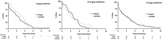 Figure 5. Survival by type for patients with light chain myeloma stratified by urinary light chain excretion.