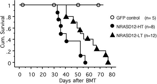 Figure 2. Cumulative survival of NRASD12 mice and vector control mice. Cumulative survival of mice that received transplants of NRASD12 or control retrovirus–transduced bone marrow cells was generated by Kaplan-Meier survival analysis. Donor bone marrow cells were transduced under various titers of the NRASD12 retrovirus: approximately 6 × 105 transduction units (TU)/mL for low titer (LT) and 7 × 106 TU/mL for high titer (HT). The titer of vector control retrovirus in this particular experiment was 7 × 106 TU/mL.