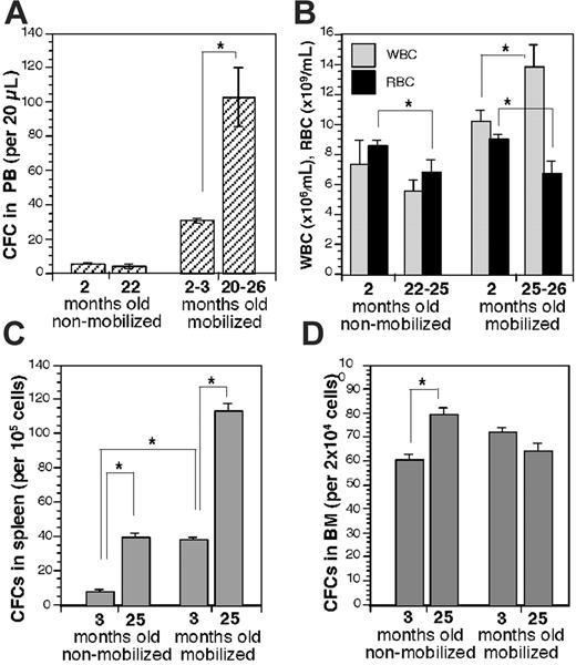 Figure 1. Aged mice mobilize increased numbers of HPCs to PB in response to G-CSF. (A) Frequency of CFCs in 20 μL PB in young and aged mobilized (5-day G-CSF at 100 μg/kg per day intraperitoneally; PB analysis on day 6) and nonmobilized mice, n = 10 for young nonmobilized and mobilized mice, n = 3 for 22-month-old mobilized mice, and n = 7 (3 at 20 months, 1 at 23 months, 3 at 26 months) for mobilized aged mice. (B) White blood cell (WBC) and RBC counts in young and aged mobilized and nonmobilized mice, n = at least 4 per value. (C) CFC frequency in spleen in young and aged mobilized and nonmobilized mice, n = 3. (D) CFC frequency in BM in young and aged mobilized and nonmobilized mice, n = 3. Values shown are mean ± 1 SEM. *P < .05.