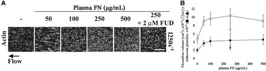 Figure 4. Effects of plasma fibronectin concentration in the perfusate on platelet thrombus formation on collagen under shear conditions. A suspension of platelets and red blood cells was premixed with or without 50, 100, 250, or 500 μg/mL soluble fibronectin (FN) and 5 μM LPA in the absence or presence of 2 μM FUD over surfaces coated with 20 μg/mL collagen at a wall shear rate of 1250 s–1 for 5 minutes. (A) Microscopy was performed as described in Figure 2. Bar = 100 μm. (B) Thrombus volume and number of adherent platelets were calculated as described in Figure 3. Squares indicate plasma fibronectin alone at various concentrations. The triangles indicate 250 μg/mL plasma fibronectin plus 2 μM FUD. Values represent the mean ± SD (n = 3).